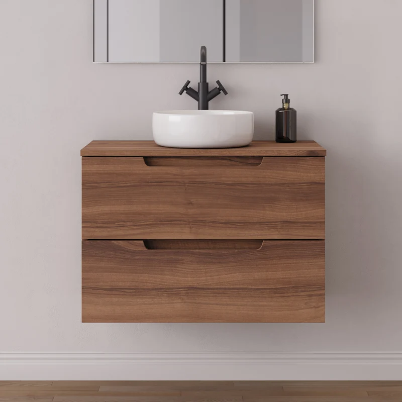 Meuble de salle de bain 80cm avec plateau et vasque à poser ronde - 2 tiroirs - sans miroir - SONRIZA