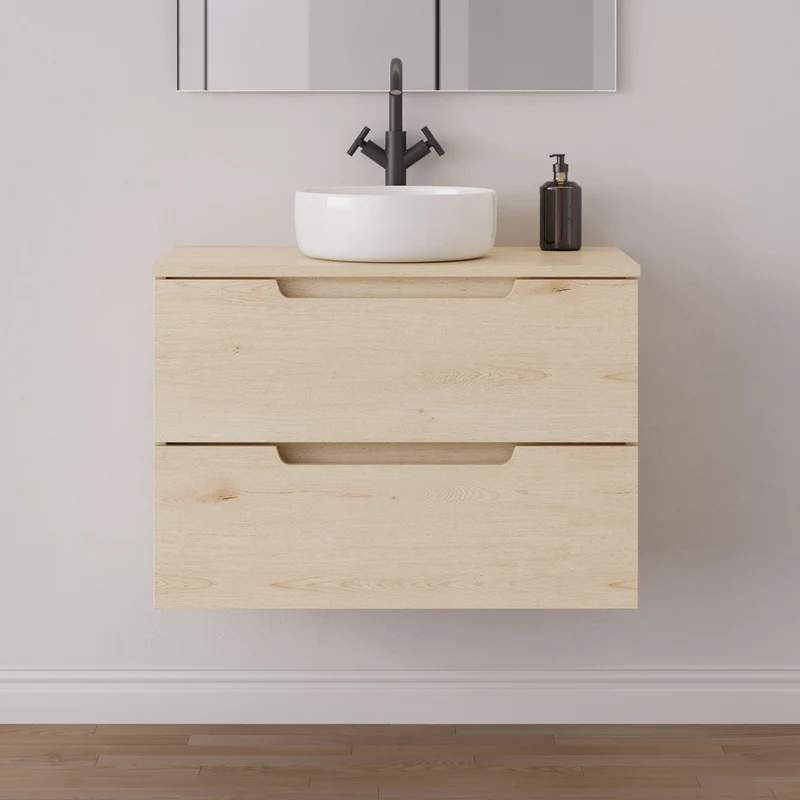 Meuble de salle de bain 80cm avec plateau et vasque à poser ronde - 2 tiroirs - sans miroir - SONRIZA