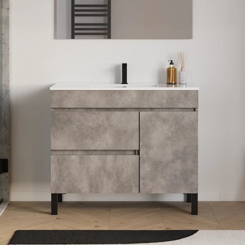 Meuble de salle de bain 100cm simple vasque sur pieds avec porte et tiroirs - LAZARO