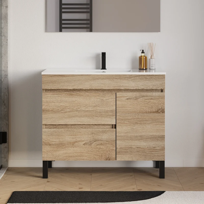 Meuble de salle de bain 100cm simple vasque sur pieds avec porte et tiroirs - LAZARO