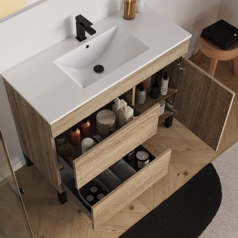 Meuble de salle de bain 100cm simple vasque sur pieds avec porte et tiroirs - LAZARO