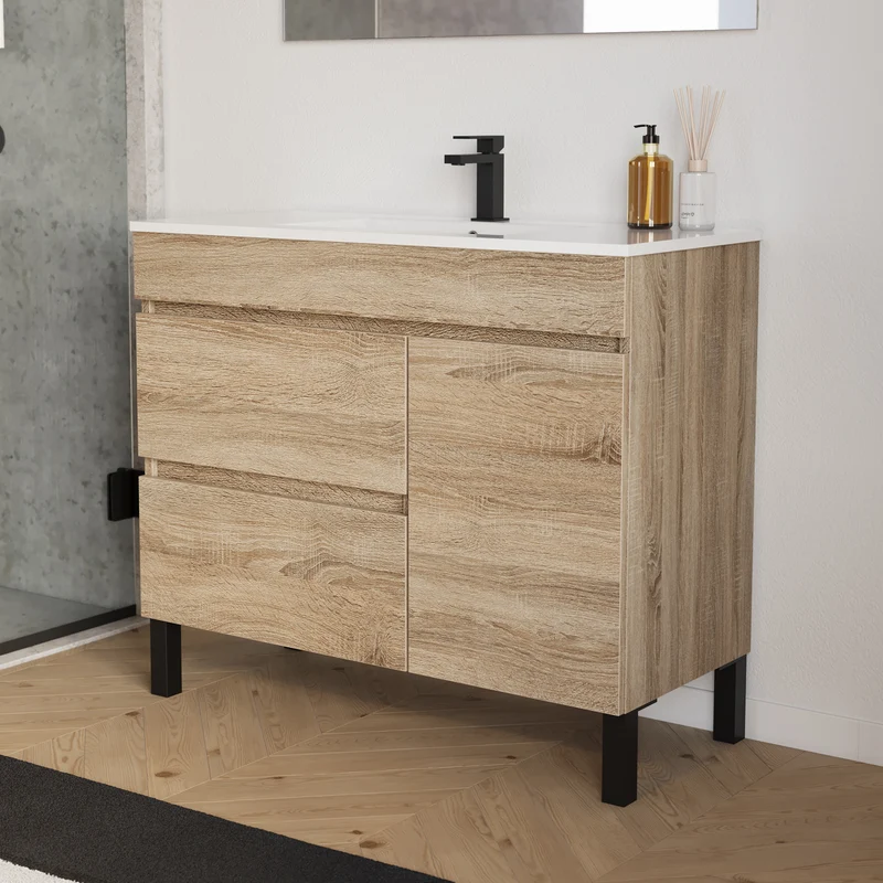 Meuble de salle de bain 100cm simple vasque sur pieds avec porte et tiroirs - LAZARO