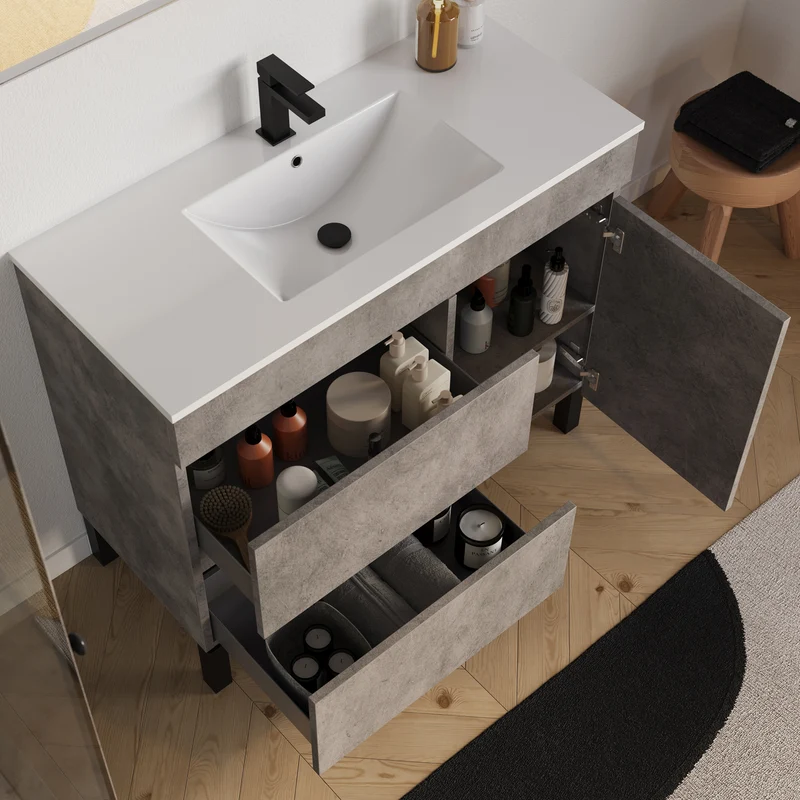 Meuble de salle de bain 100cm simple vasque sur pieds avec porte et tiroirs - LAZARO