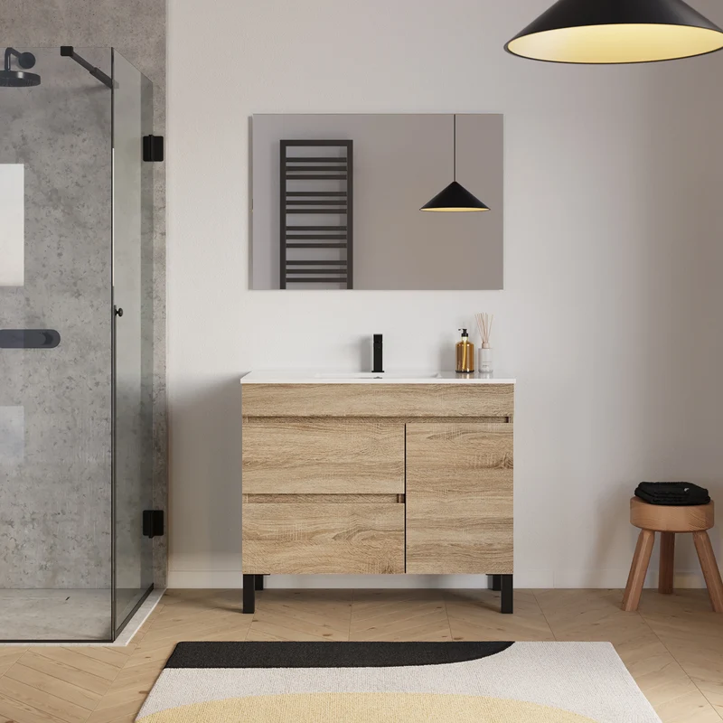 Meuble de salle de bain 100cm simple vasque sur pieds avec porte et tiroirs - LAZARO