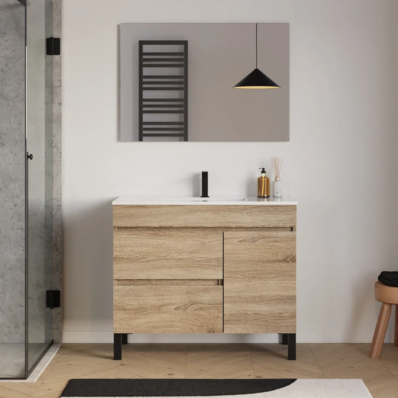 Meuble de salle de bain 100cm simple vasque sur pieds avec porte et tiroirs - LAZARO