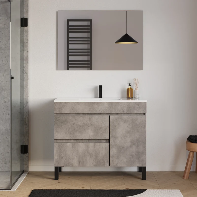 Meuble de salle de bain 100cm simple vasque sur pieds avec porte et tiroirs - LAZARO