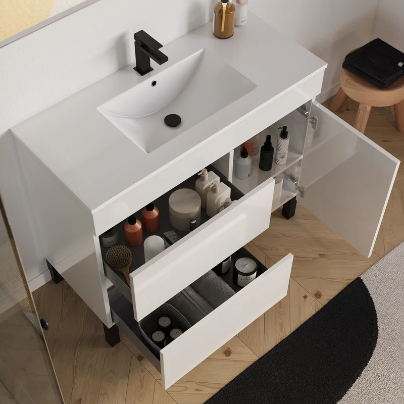 Meuble de salle de bain 100cm simple vasque sur pieds avec porte et tiroirs - LAZARO
