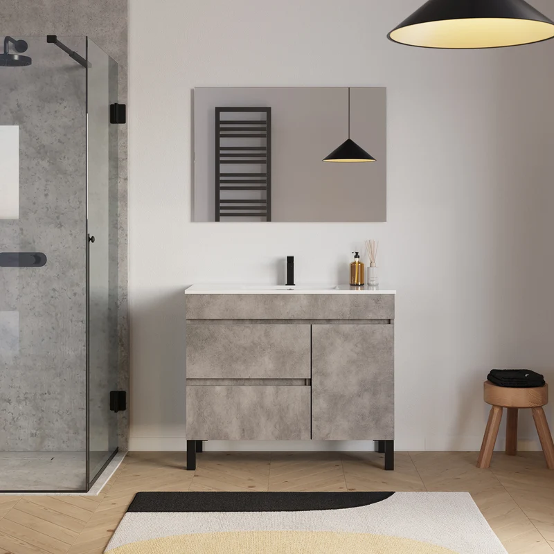 Meuble de salle de bain 100cm simple vasque sur pieds avec porte et tiroirs - LAZARO