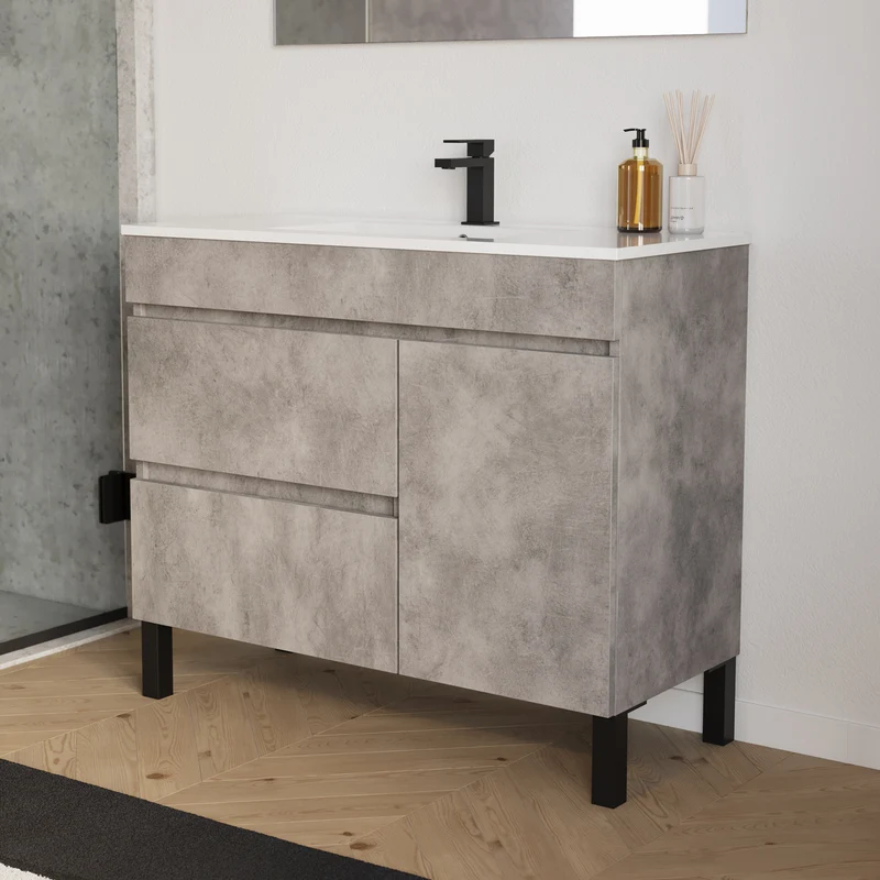 Meuble de salle de bain 100cm simple vasque sur pieds avec porte et tiroirs - LAZARO