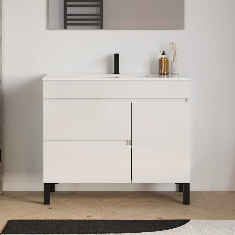 Meuble de salle de bain 100cm simple vasque sur pieds avec porte et tiroirs - LAZARO