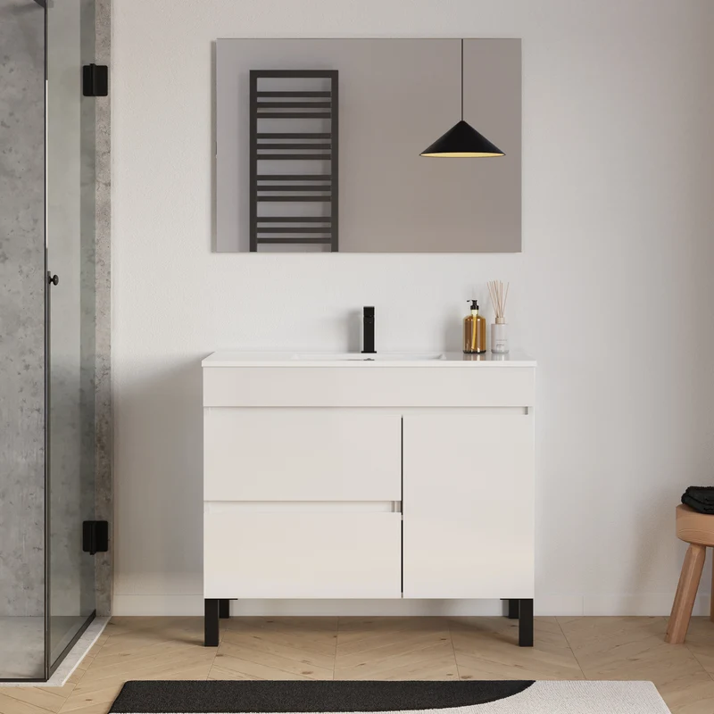 Meuble de salle de bain 100cm simple vasque sur pieds avec porte et tiroirs - LAZARO