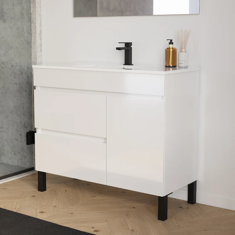 Meuble de salle de bain 100cm simple vasque sur pieds avec porte et tiroirs - LAZARO