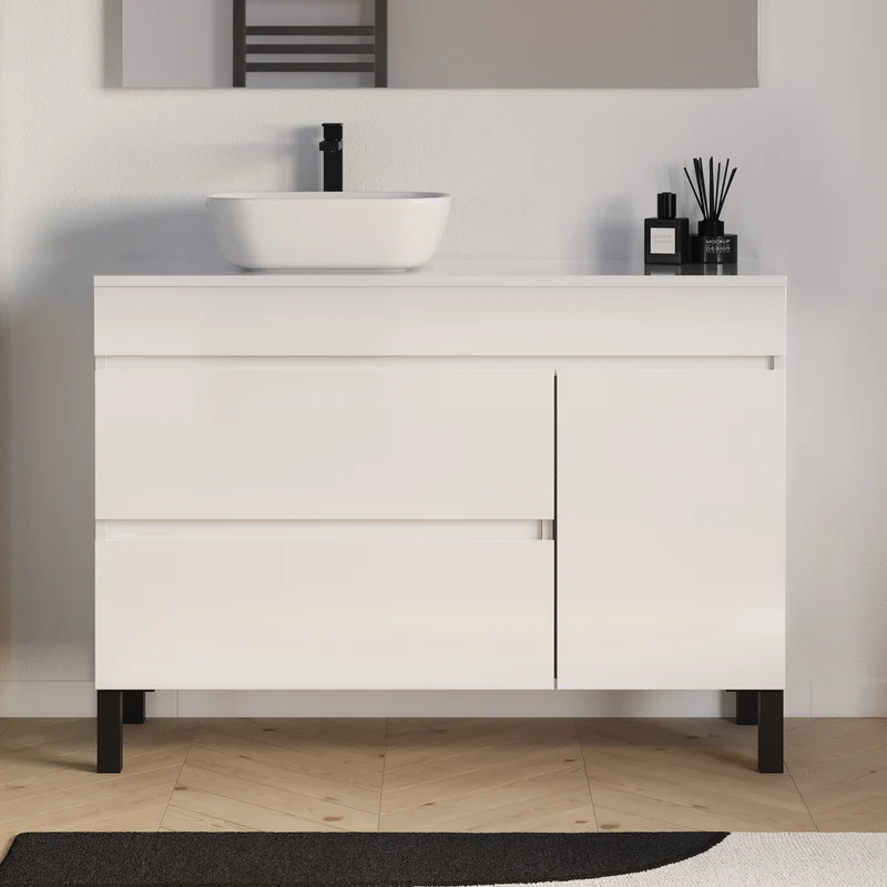 Meuble de salle de bain 120cm avec plateau et vasque à poser arrondie - porte et tiroirs - sans miroir - LAZARO
