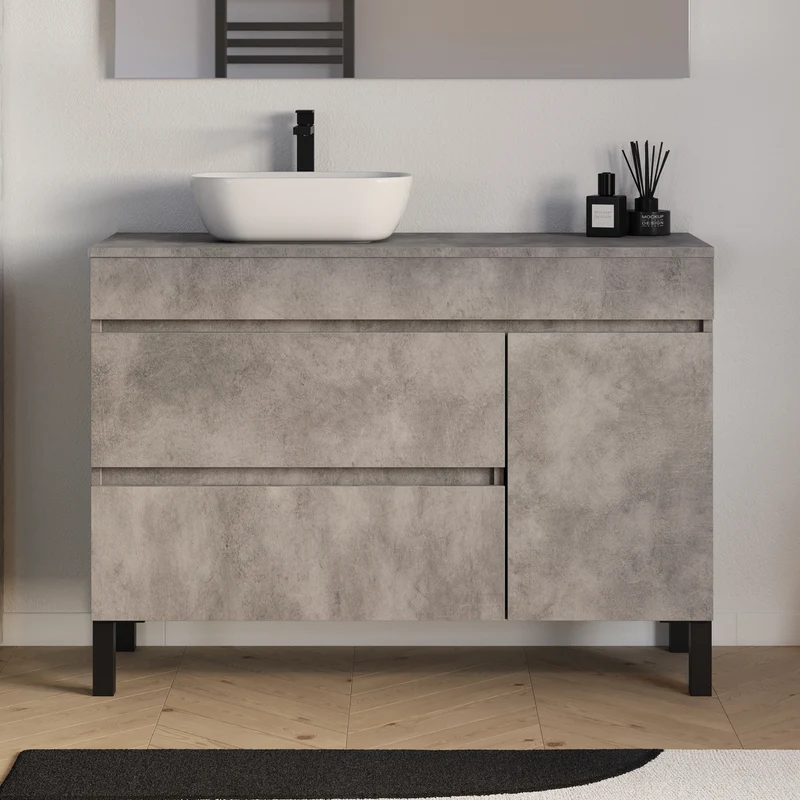 Meuble de salle de bain 120cm avec plateau et vasque à poser arrondie - porte et tiroirs - sans miroir - LAZARO