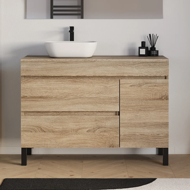 Meuble de salle de bain 120cm avec plateau et vasque à poser arrondie - porte et tiroirs - sans miroir - LAZARO