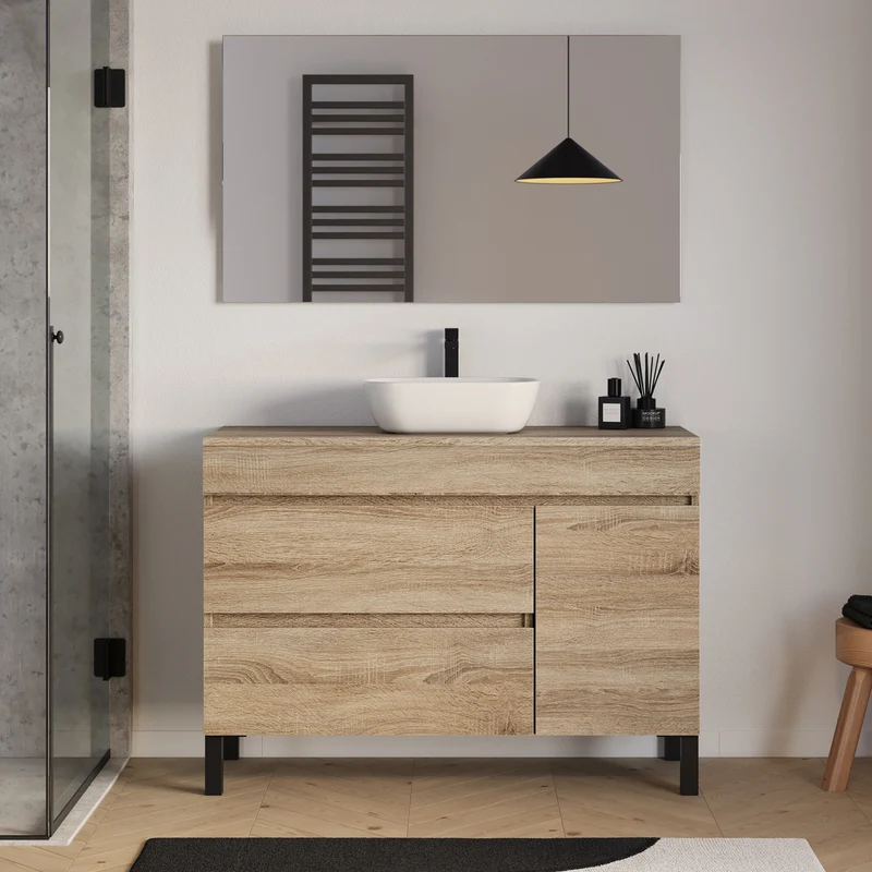 Meuble de salle de bain 120cm avec plateau et vasque à poser arrondie - porte et tiroirs - sans miroir - LAZARO