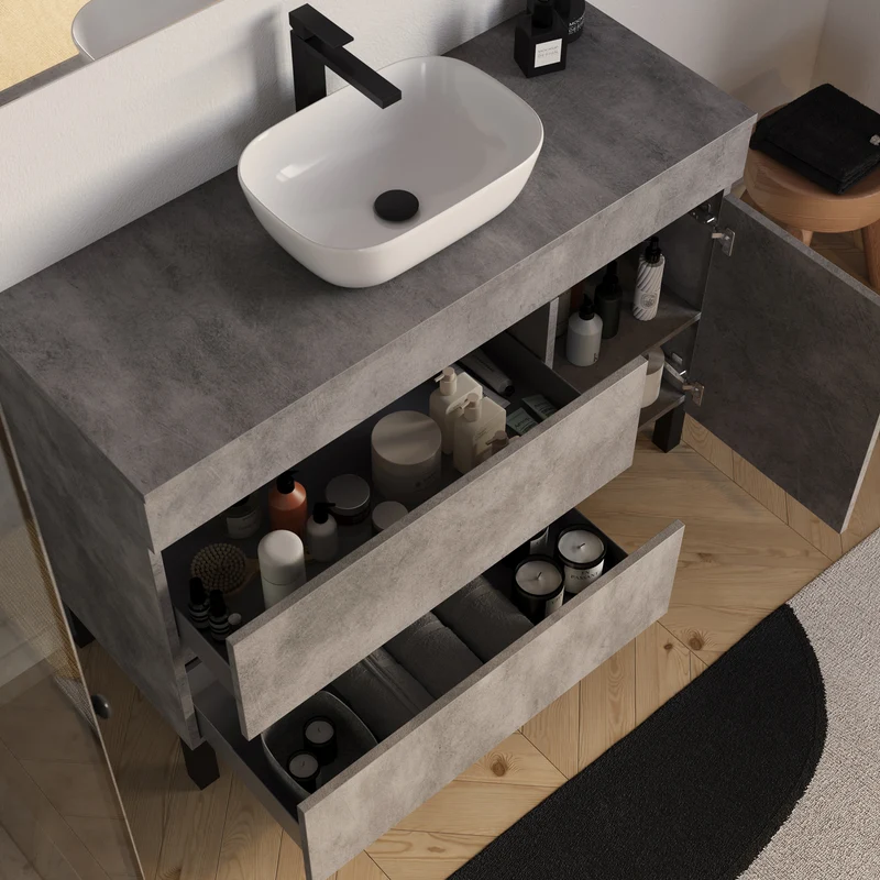 Meuble de salle de bain 120cm avec plateau et vasque à poser arrondie - porte et tiroirs - sans miroir - LAZARO
