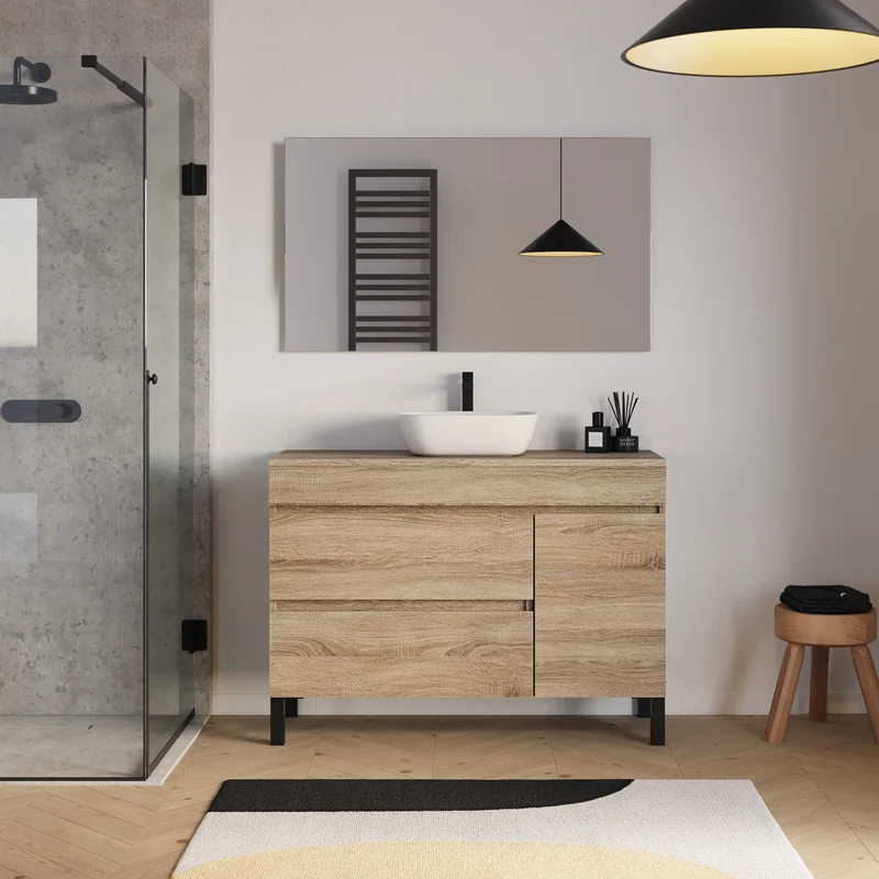 Meuble de salle de bain 120cm avec plateau et vasque à poser arrondie - porte et tiroirs - sans miroir - LAZARO
