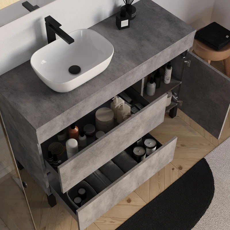 Meuble de salle de bain 120cm avec plateau et vasque à poser arrondie - porte et tiroirs - sans miroir - LAZARO