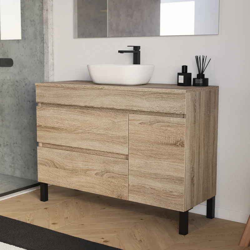 Meuble de salle de bain 120cm avec plateau et vasque à poser arrondie - porte et tiroirs - sans miroir - LAZARO
