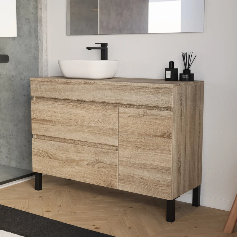 Meuble de salle de bain 120cm avec plateau et vasque à poser arrondie - porte et tiroirs - sans miroir - LAZARO
