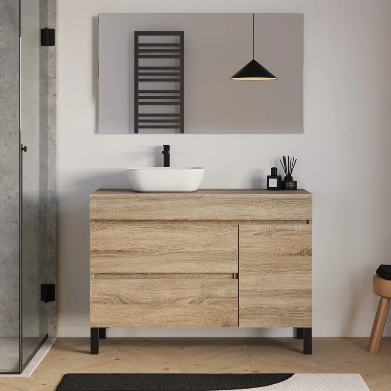 Meuble de salle de bain 120cm avec plateau et vasque à poser arrondie - porte et tiroirs - sans miroir - LAZARO
