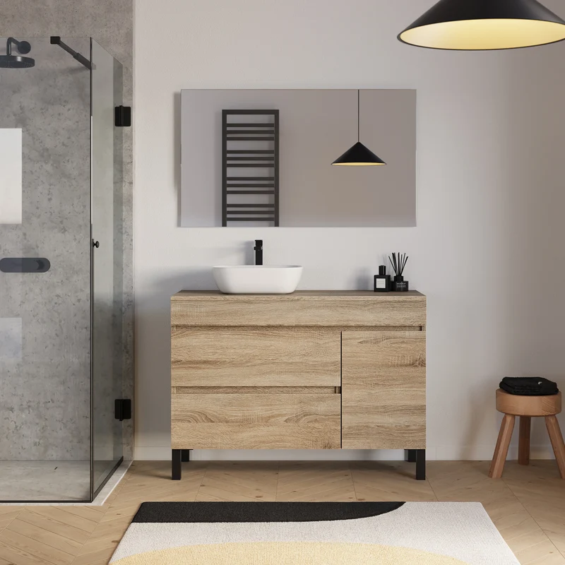 Meuble de salle de bain 120cm avec plateau et vasque à poser arrondie - porte et tiroirs - sans miroir - LAZARO