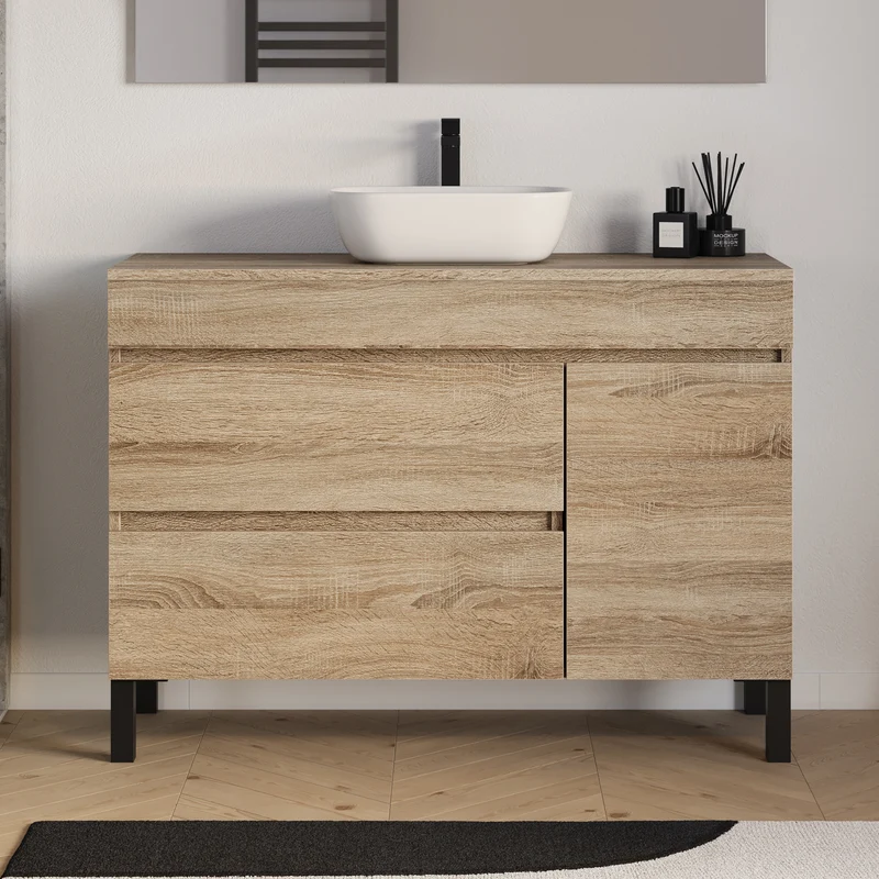 Meuble de salle de bain 120cm avec plateau et vasque à poser arrondie - porte et tiroirs - sans miroir - LAZARO