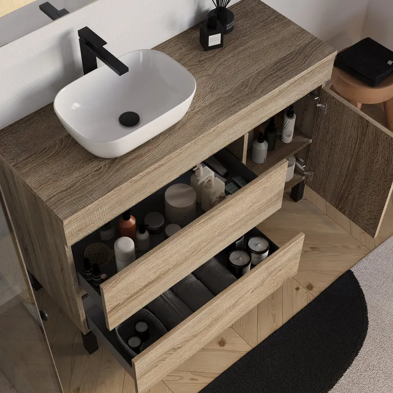 Meuble de salle de bain 120cm avec plateau et vasque à poser arrondie - porte et tiroirs - sans miroir - LAZARO