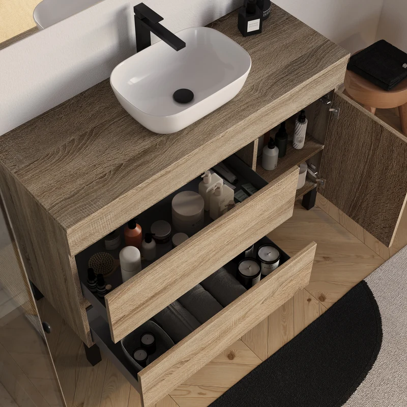 Meuble de salle de bain 120cm avec plateau et vasque à poser arrondie - porte et tiroirs - sans miroir - LAZARO