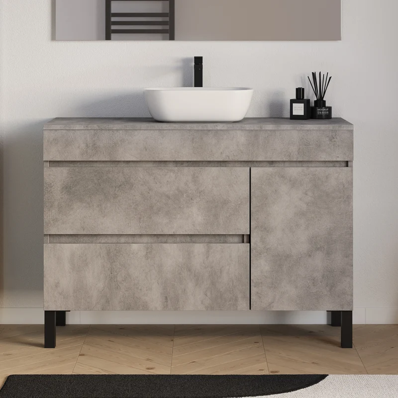 Meuble de salle de bain 120cm avec plateau et vasque à poser arrondie - porte et tiroirs - sans miroir - LAZARO