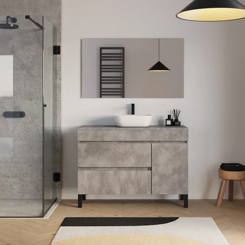 Meuble de salle de bain 120cm avec plateau et vasque à poser arrondie - porte et tiroirs - sans miroir - LAZARO
