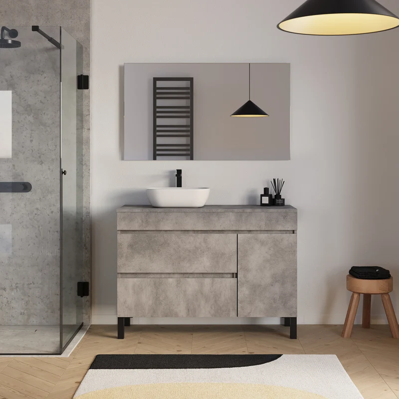 Meuble de salle de bain 120cm avec plateau et vasque à poser arrondie - porte et tiroirs - sans miroir - LAZARO
