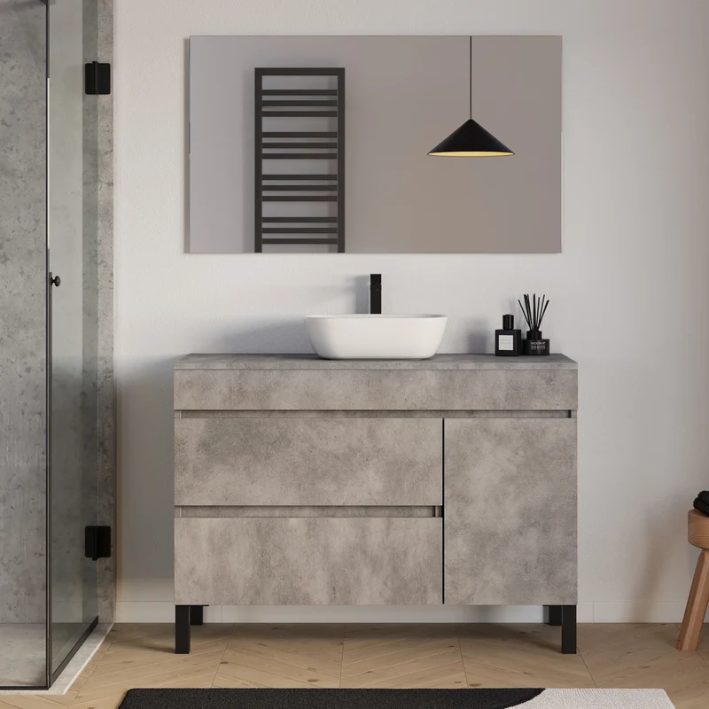 Meuble de salle de bain 120cm avec plateau et vasque à poser arrondie - porte et tiroirs - sans miroir - LAZARO