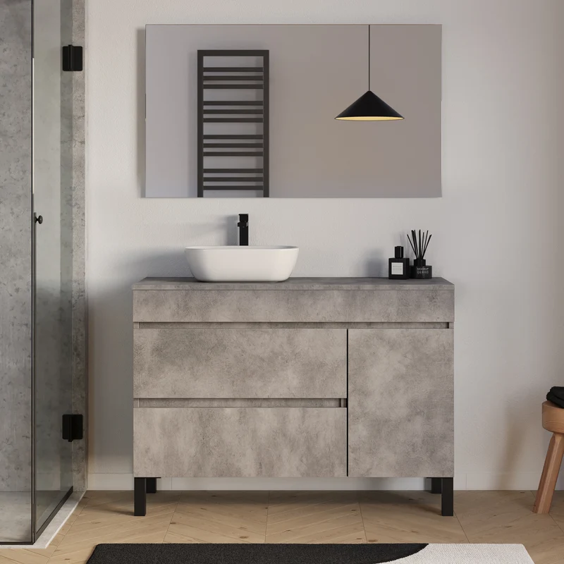 Meuble de salle de bain 120cm avec plateau et vasque à poser arrondie - porte et tiroirs - sans miroir - LAZARO