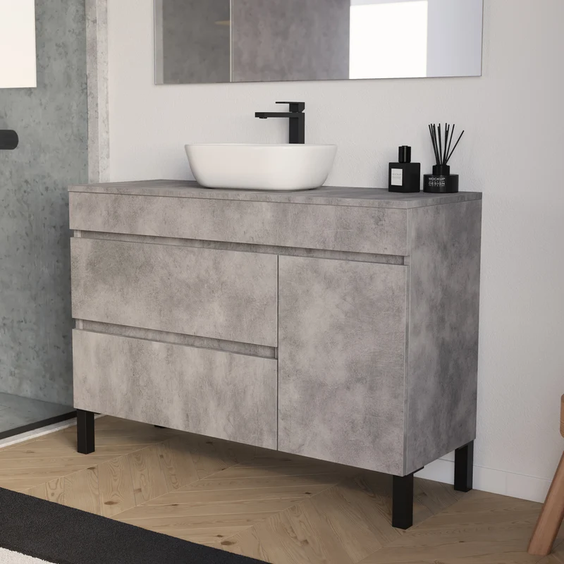 Meuble de salle de bain 120cm avec plateau et vasque à poser arrondie - porte et tiroirs - sans miroir - LAZARO