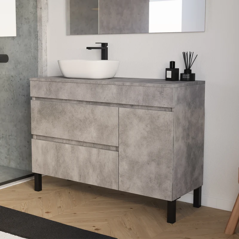Meuble de salle de bain 120cm avec plateau et vasque à poser arrondie - porte et tiroirs - sans miroir - LAZARO