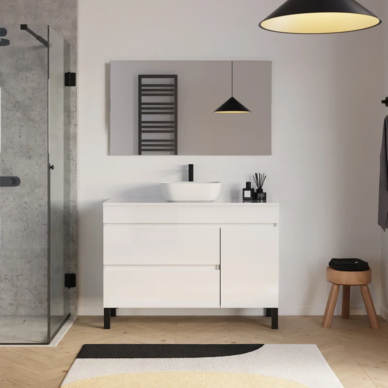 Meuble de salle de bain 120cm avec plateau et vasque à poser arrondie - porte et tiroirs - sans miroir - LAZARO