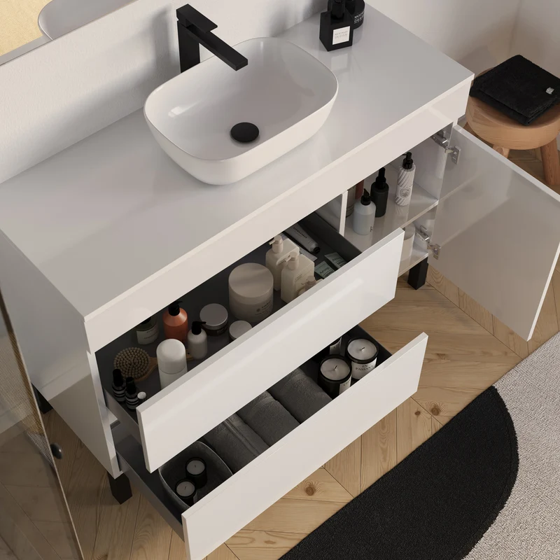 Meuble de salle de bain 120cm avec plateau et vasque à poser arrondie - porte et tiroirs - sans miroir - LAZARO