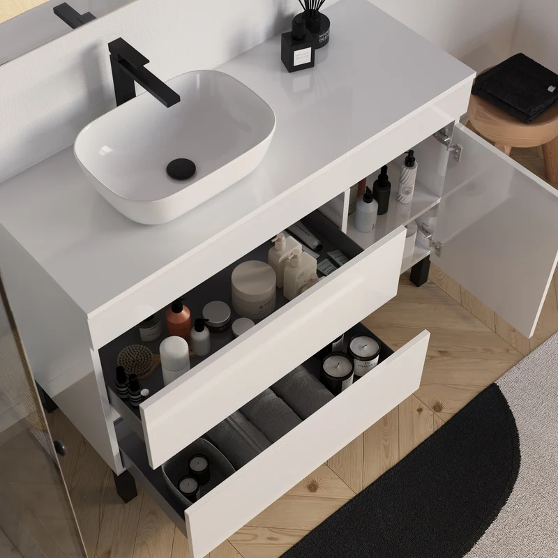 Meuble de salle de bain 120cm avec plateau et vasque à poser arrondie - porte et tiroirs - sans miroir - LAZARO
