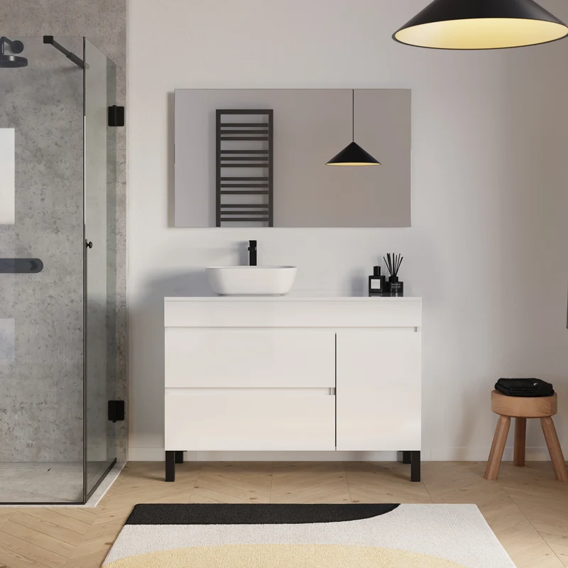 Meuble de salle de bain 120cm avec plateau et vasque à poser arrondie - porte et tiroirs - sans miroir - LAZARO