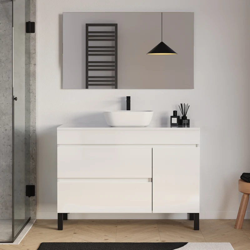 Meuble de salle de bain 120cm avec plateau et vasque à poser arrondie - porte et tiroirs - sans miroir - LAZARO