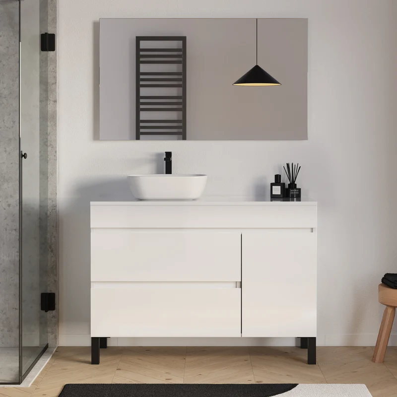 Meuble de salle de bain 120cm avec plateau et vasque à poser arrondie - porte et tiroirs - sans miroir - LAZARO