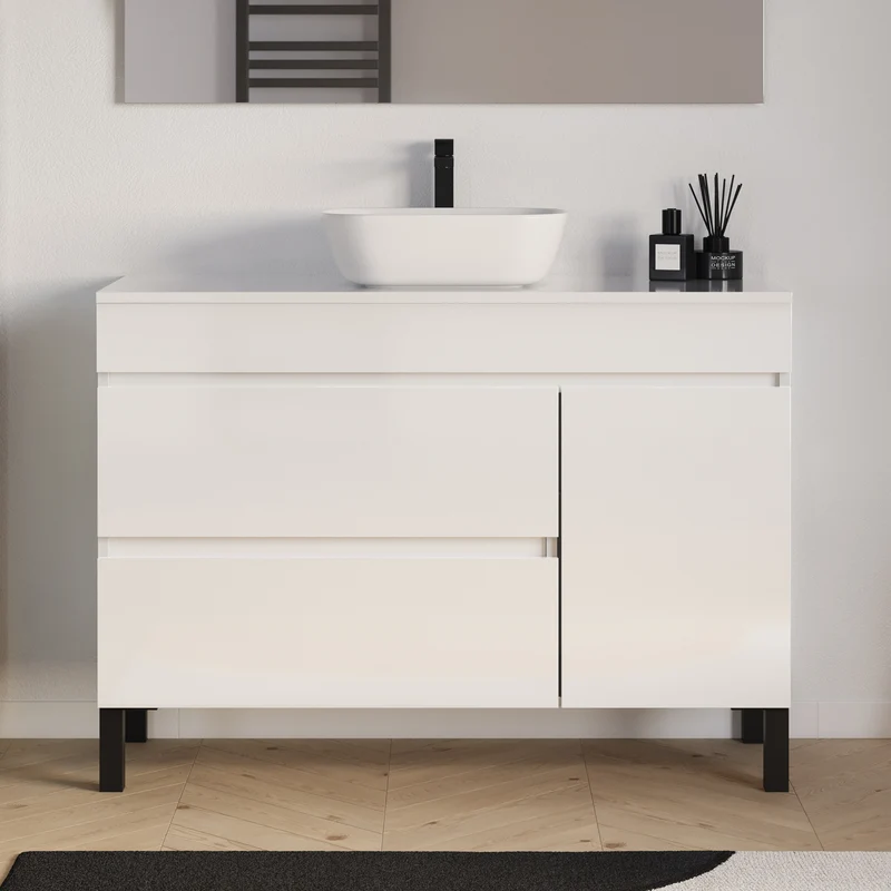Meuble de salle de bain 120cm avec plateau et vasque à poser arrondie - porte et tiroirs - sans miroir - LAZARO