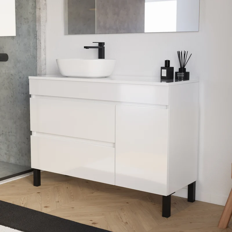 Meuble de salle de bain 120cm avec plateau et vasque à poser arrondie - porte et tiroirs - sans miroir - LAZARO