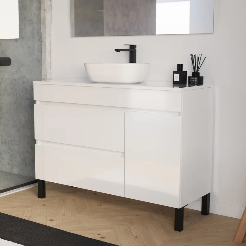 Meuble de salle de bain 120cm avec plateau et vasque à poser arrondie - porte et tiroirs - sans miroir - LAZARO