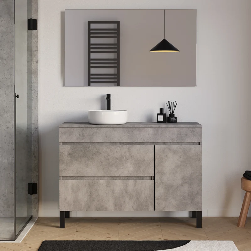 Meuble de salle de bain 120cm avec plateau et vasque à poser ronde - porte et tiroirs - LAZARO