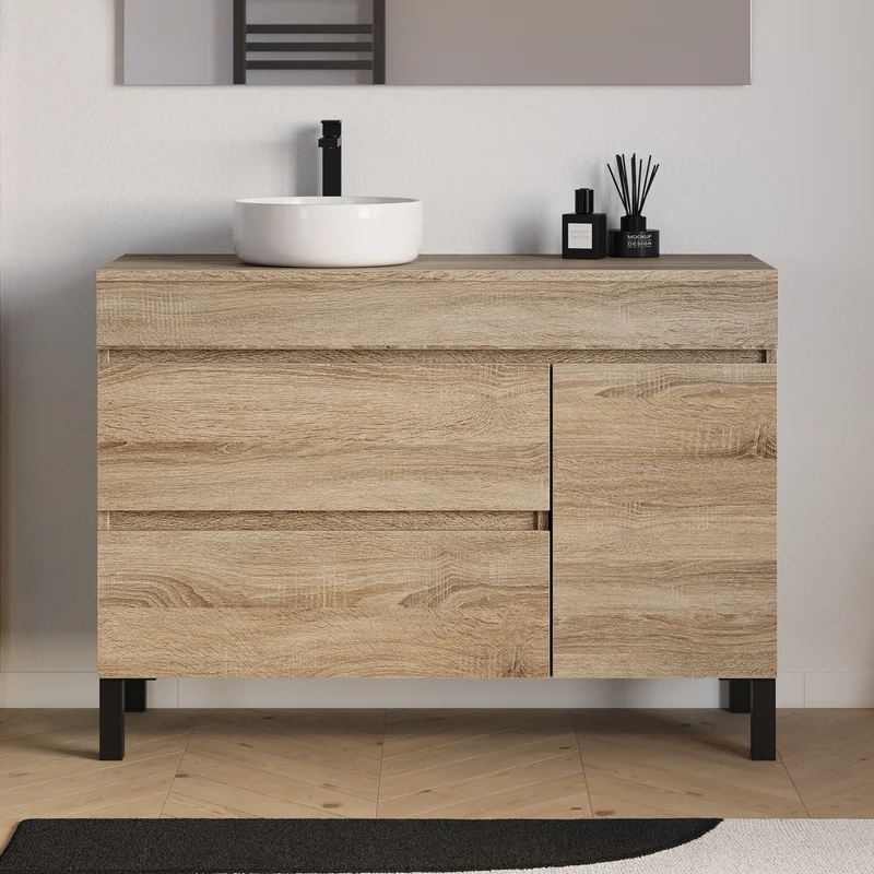 Meuble de salle de bain 120cm avec plateau et vasque à poser ronde - porte et tiroirs - LAZARO