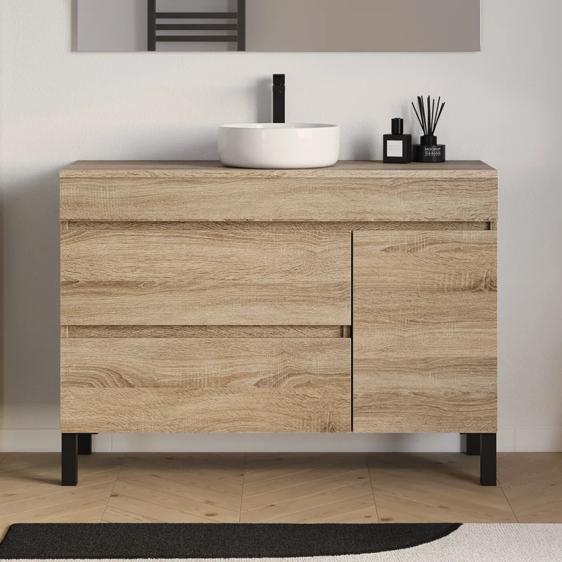 Meuble de salle de bain 120cm avec plateau et vasque à poser ronde - porte et tiroirs - LAZARO