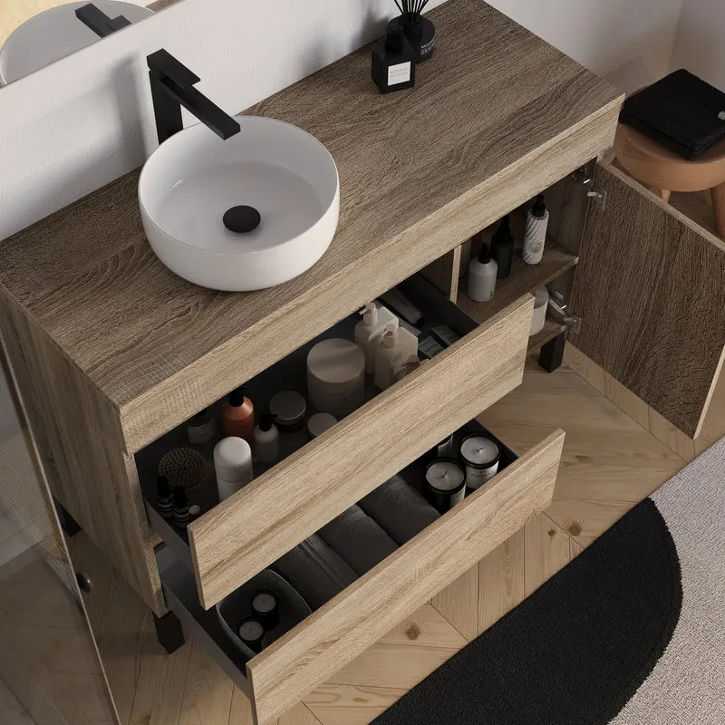 Meuble de salle de bain 120cm avec plateau et vasque à poser ronde - porte et tiroirs - LAZARO